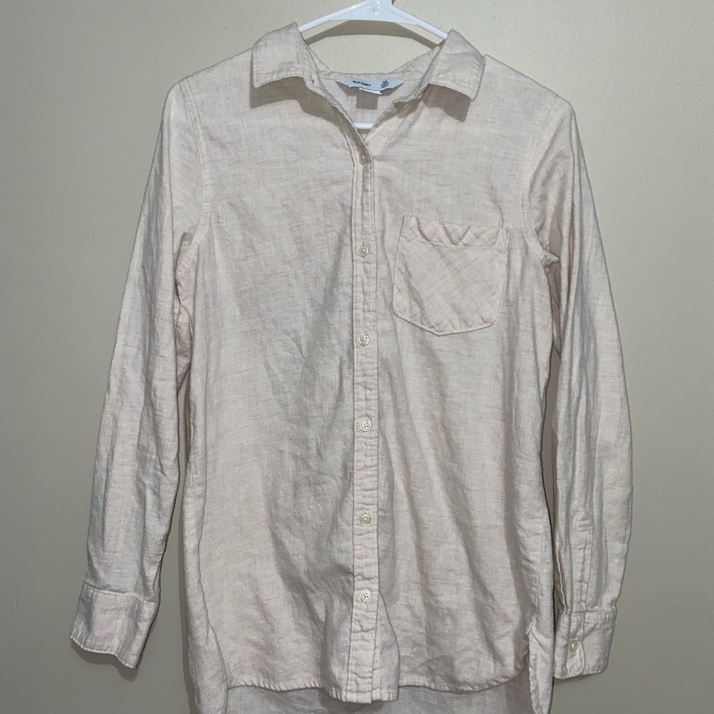Light-tan, button-down, Women’s long-sleeve shirt